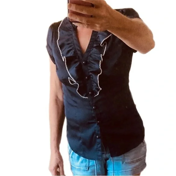 TEMT dark navy satiny puff short sleeve Blouse Ruffle front - Picture 8 of 8